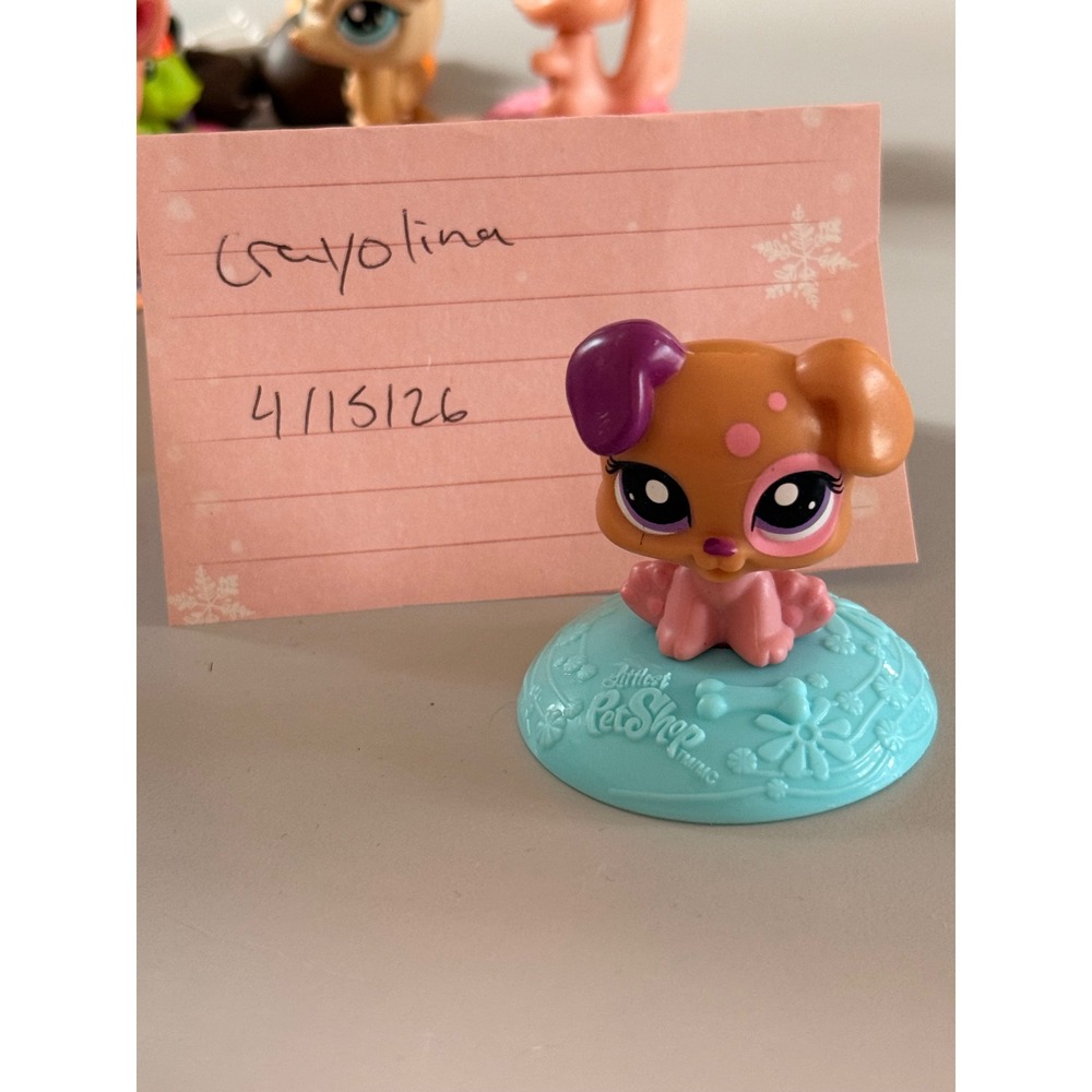 Littlest Pet Shop LPS Puppy Dog Tan Purple Ear Pink‎ Spots Teal Base